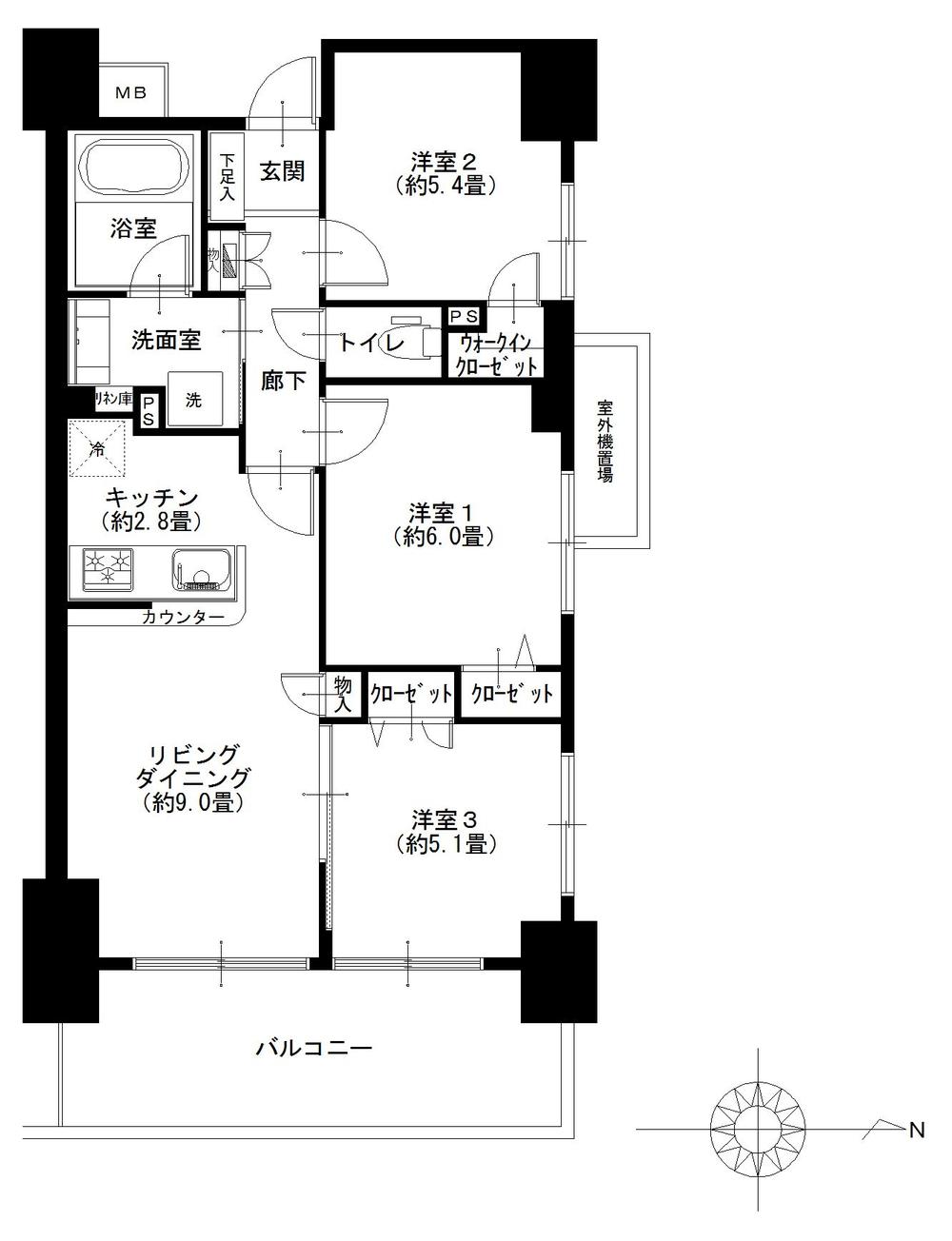 Floor plan. 3LDK, Price 31,900,000 yen, Occupied area 62.32 sq m , Balcony area 12 sq m