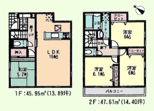Floor plan. (1 Building), Price 34,800,000 yen, 4LDK, Land area 100.4 sq m , Building area 93.56 sq m