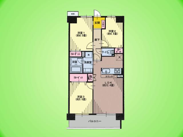 Floor plan. 3LDK, Price 24,900,000 yen, Occupied area 61.95 sq m , Balcony area 8.4 sq m