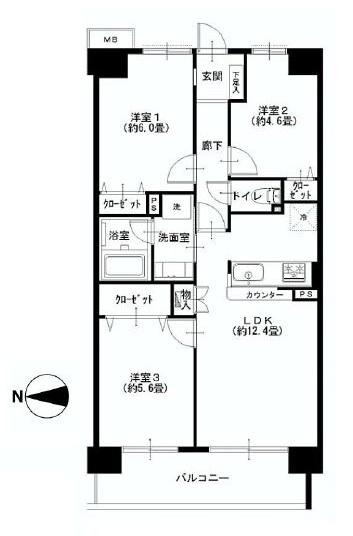 Floor plan. 3LDK, Price 24,900,000 yen, Occupied area 61.95 sq m , Balcony area 8.4 sq m