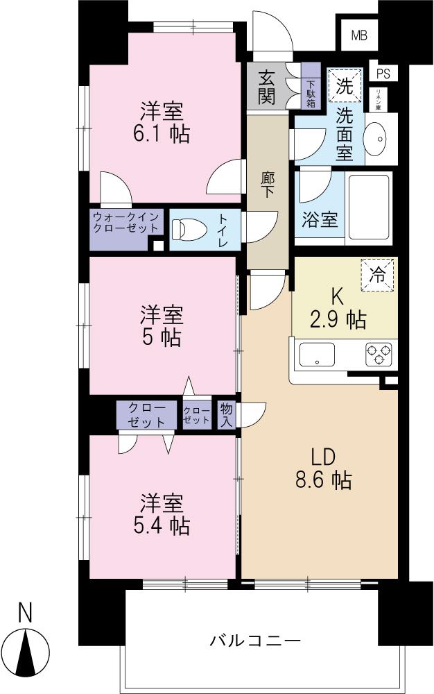 Floor plan. 3LDK, Price 30,800,000 yen, Footprint 62.5 sq m , Is a floor plan that is open feeling of the balcony area 10.8 sq m southwest corner lot.