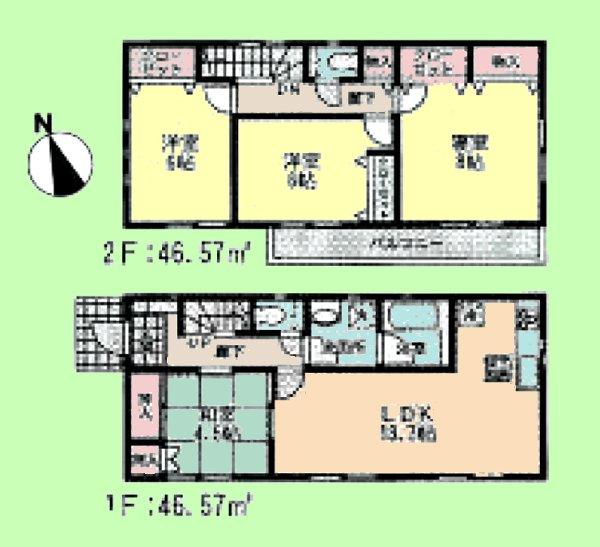 Floor plan. (1 Building), Price 31,800,000 yen, 4LDK, Land area 95.22 sq m , Building area 93.14 sq m