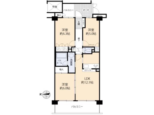 Floor plan. 3LDK, Price 20,900,000 yen, Occupied area 63.78 sq m , Balcony area 12.45 sq m floor plan