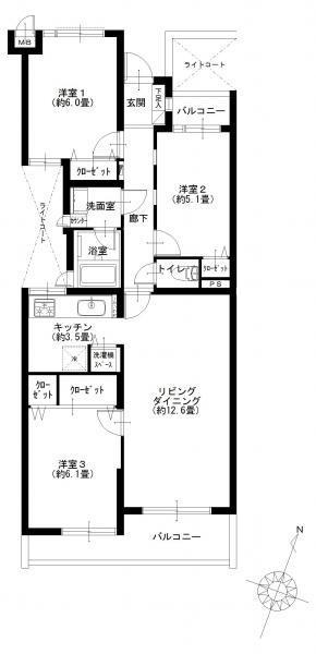 Floor plan. 3LDK, Price 27,900,000 yen, Occupied area 72.59 sq m , Balcony area 9.09 sq m