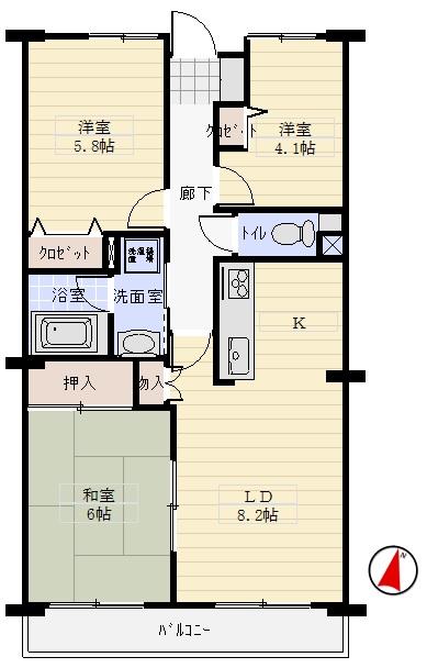 Floor plan. 3LDK, Price 15.8 million yen, Occupied area 60.96 sq m , Balcony area 6.9 sq m