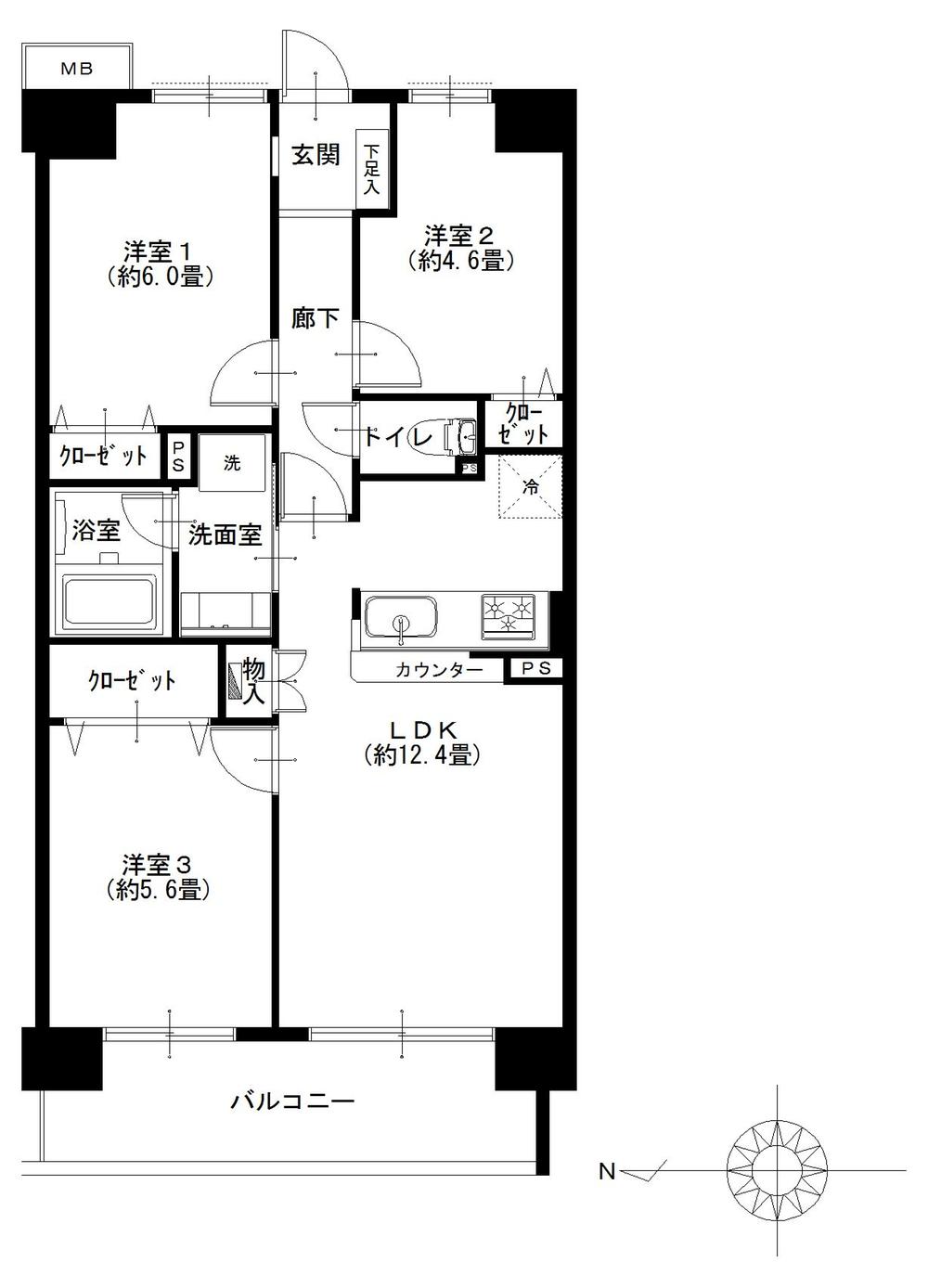 Floor plan. 3LDK, Price 24,900,000 yen, Occupied area 61.95 sq m , Balcony area 8.4 sq m