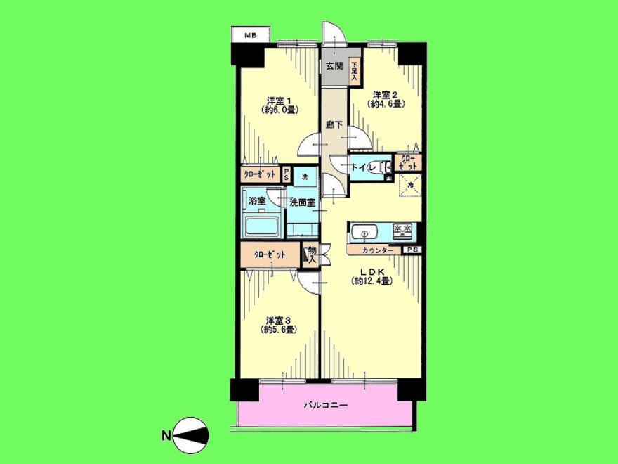 Floor plan. 3LDK, Price 24,900,000 yen, Occupied area 61.95 sq m , Balcony area 8.4 sq m