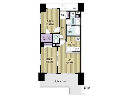 Floor plan. 2LDK, Price 26,800,000 yen, Occupied area 53.59 sq m , Ventilation is good per balcony area 12.54 sq m southeast angle dwelling unit. Comfortable you can you live in the enhancement of in-room amenities.