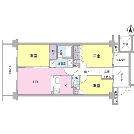 Floor plan. 3LDK, Price 20,900,000 yen, Occupied area 63.78 sq m , Balcony area 12.45 sq m floor plan.