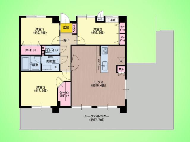 Floor plan. 3LDK, Price 27,900,000 yen, Occupied area 74.41 sq m LDK16 mat + is the apartment of attention, such as roof balcony ☆