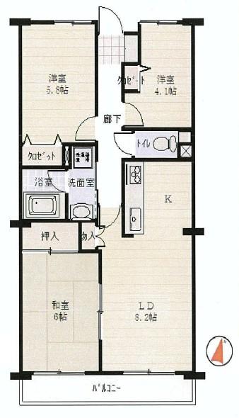 Floor plan. 3LDK, Price 15.8 million yen, Occupied area 60.96 sq m , Balcony area 6.9 sq m