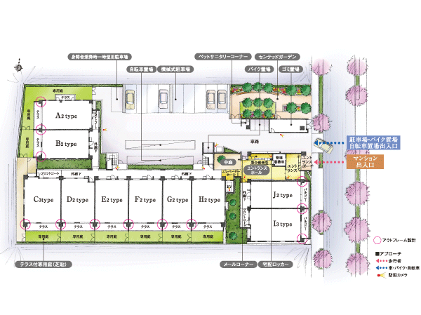 Shared facilities.  [Site placement ・ 1-floor plan view] In order to make use of the site shape to the fullest, South-facing Juto (36 units), Eastward Juto (19 units), Westward Juto (7 units) was efficient layout.