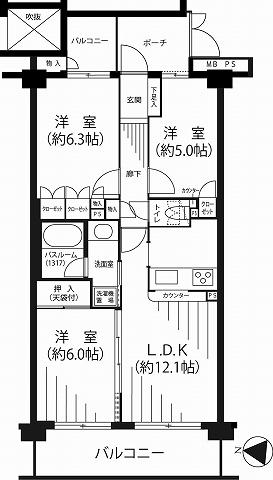 Floor plan. 3LDK, Price 20,900,000 yen, Occupied area 63.78 sq m , Balcony area 12.45 sq m floor plan