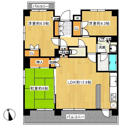 Floor plan. 3LDK, Price 42,800,000 yen, Occupied area 67.88 sq m , Balcony area 14.3 sq m