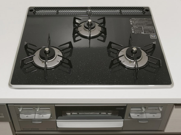 Kitchen.  [Pearl Crystal top stove] Stove top made of beautiful hard enamel, Easy dirt falls, Long-lasting vividness.  Also equipped waterless both sides grill.