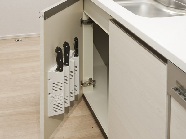 Kitchen.  [Under the sink cabinet] Under the sink in the space that can accommodate the large cookware. Out was do as easy as hinged door type.