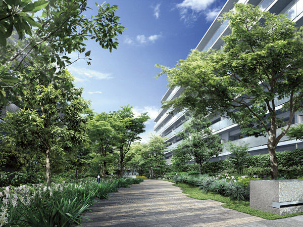 Features of the building.  [Seasons Garden (courtyard)] Comfortably trees leakage yang, Vast courtyard that wraps around the living in moisture. Connect the inside and outside of the resident private courtyard and the free open space together, It has realized the living space with a wider sense of openness. Feel the transitory of four seasons among the day-to-day life. I think it's some important value to the growth of children. Forget the hustle and bustle of the city center, You accustomed to feeling relaxed and relaxed nature of the moisture. (Seasons Garden (courtyard) Rendering)