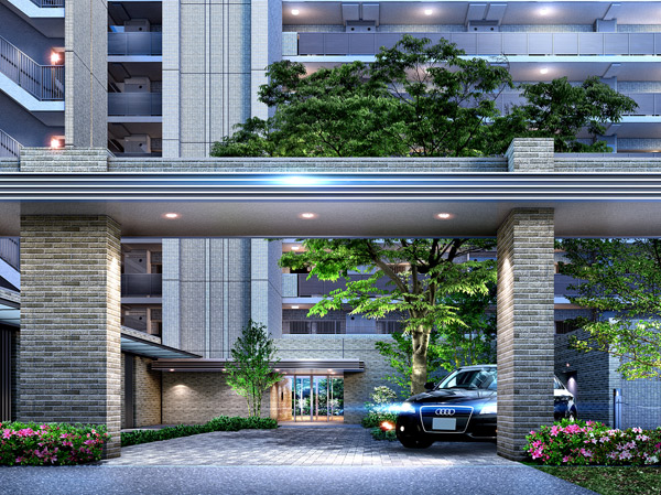 Features of the building.  [Entrance facade] In front of the entrance, Me gracefully greeted like a hotel "porte". In the center nestled the symbol tree of zelkova, Peace came back to the house was designed to be felt. Also, Adopted a Green Wall has been on the wall greening. (Entrance facade Rendering)