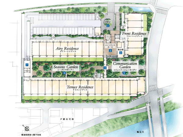 Features of the building.  [Site layout] (1) porte-cochere, (2) Entrance Hall, (3) assembly room, (4) Corridor (5) Communication Garden, (6) Seasons Garden, (7) Kids terrace