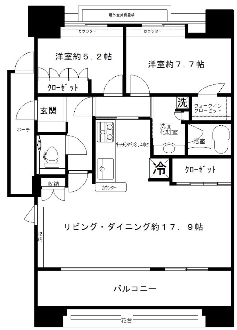 Floor plan. 2LDK, Price 55 million yen, Footprint 77.3 sq m , Balcony area 14.45 sq m