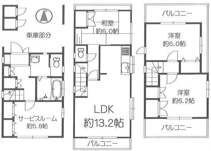 Floor plan. 44,800,000 yen, 3LDK + S (storeroom), Land area 69.86 sq m , Building area 102.45 sq m high roof car is OK, too, One garage. 3SLDK, Jose you a lot your laundry in the two planes balcony. 