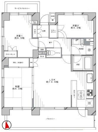 Floor plan. 3LDK, Price 44,800,000 yen, Occupied area 67.88 sq m , Balcony area 14.3 sq m Mato