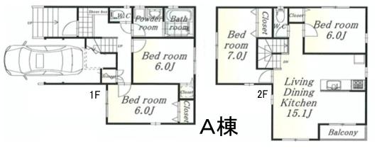 Floor plan. (A Building), Price 37,800,000 yen, 4LDK, Land area 80.77 sq m , Building area 107.06 sq m