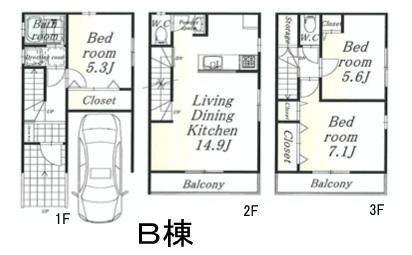 Floor plan. (B Building), Price 31,800,000 yen, 3LDK, Land area 50.4 sq m , Building area 93.36 sq m