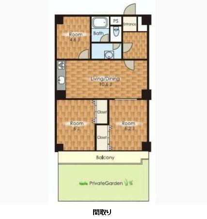 Floor plan. 3LDK, Price 16.3 million yen, Occupied area 61.05 sq m , Balcony area 6.27 sq m