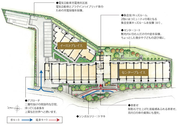 Features of the building.  [Site placement] Taking advantage of the spacious size of the top of the hill, Two buildings a dignified arrangement. Sunshine is poured in any dwelling unit, It is the wind comes out comfortably plan. (Site layout)