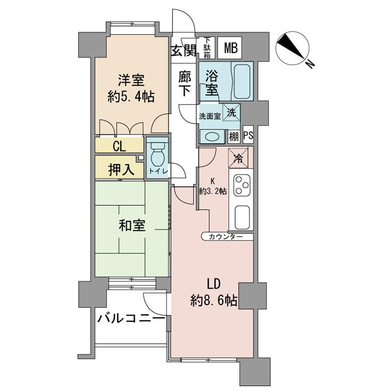 Floor plan. 2LDK, Price 22,800,000 yen, Occupied area 53.78 sq m , Balcony area 5.22 sq m floor plan