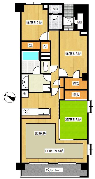 Floor plan. 3LDK, Price 39,800,000 yen, Occupied area 86.26 sq m , Balcony area 12.6 sq m