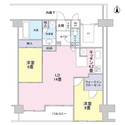 Floor plan. Wide balcony of about 8.4m, Views per hill apartment ・ Daylighting good