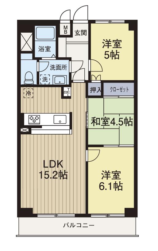 Floor plan. 3LDK, Price 19,800,000 yen, Occupied area 66.15 sq m , Balcony area 6.3 sq m