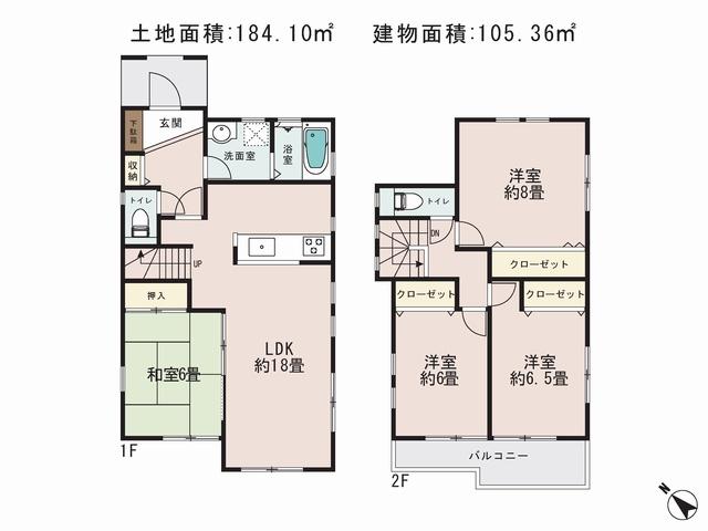 Floor plan. 65,800,000 yen, 4LDK, Land area 184.1 sq m , It is a building area of ​​105.36 sq m floor plan! Living 18 Pledge of face-to-face kitchen!