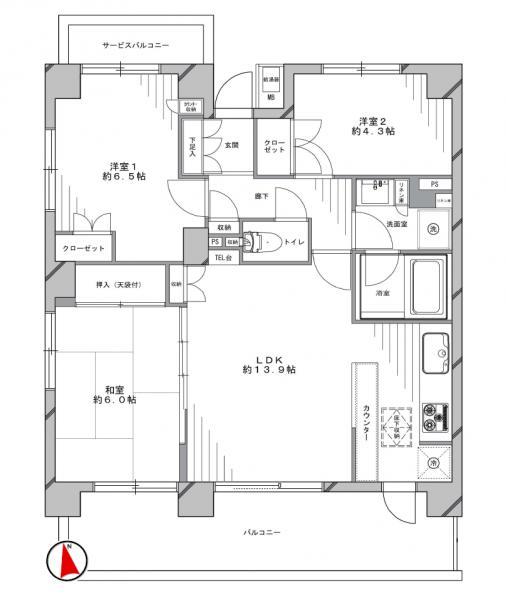 Floor plan. 3LDK, Price 42,800,000 yen, Occupied area 67.88 sq m , Balcony area 14.3 sq m