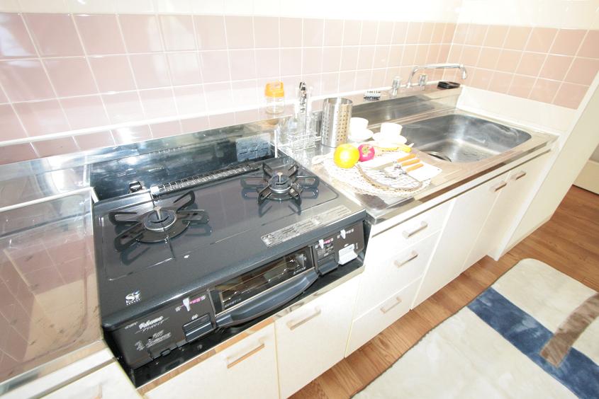 Kitchen. It marked with a two-burner gas stove of new. 