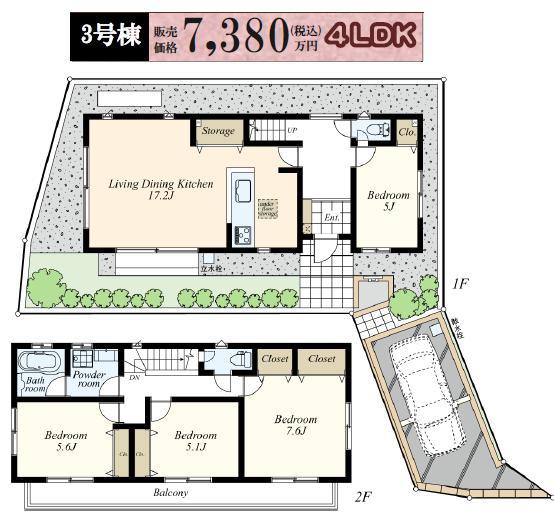 Floor plan. (3 Building), Price 73,800,000 yen, 4LDK, Land area 127.44 sq m , Building area 100.19 sq m
