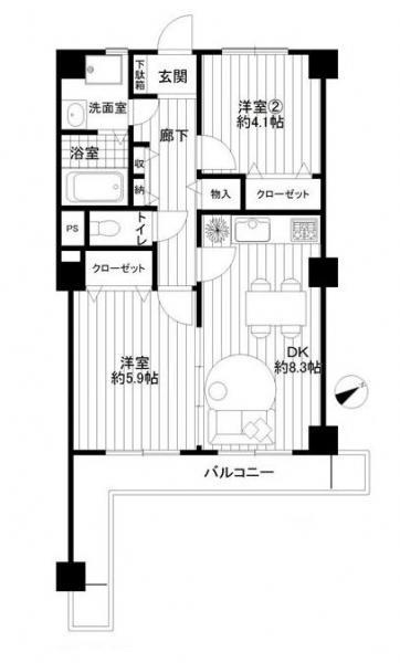 Floor plan. 2DK, Price 14,980,000 yen, Occupied area 51.42 sq m , Balcony area 8.17 sq m