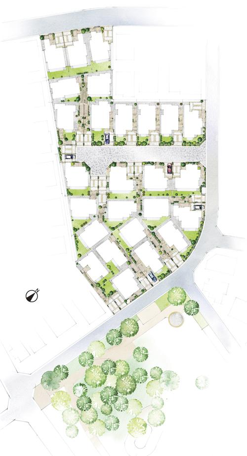 The entire compartment Figure. Create a good sense of openness of the side-by-side airy two car spaces. The spacious center of the development road of interlocking of about 5.5m, Form a beautiful skyline of the spacious European mansion (the entire section view)