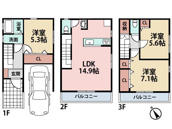 Floor plan. (B Building), Price 31,800,000 yen, 3LDK, Land area 50.4 sq m , Building area 93.36 sq m