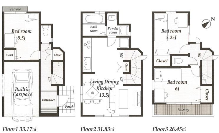 Floor plan. (B Building (southeast corner lot)), Price 28,900,000 yen, 3LDK, Land area 53.33 sq m , Building area 91.45 sq m