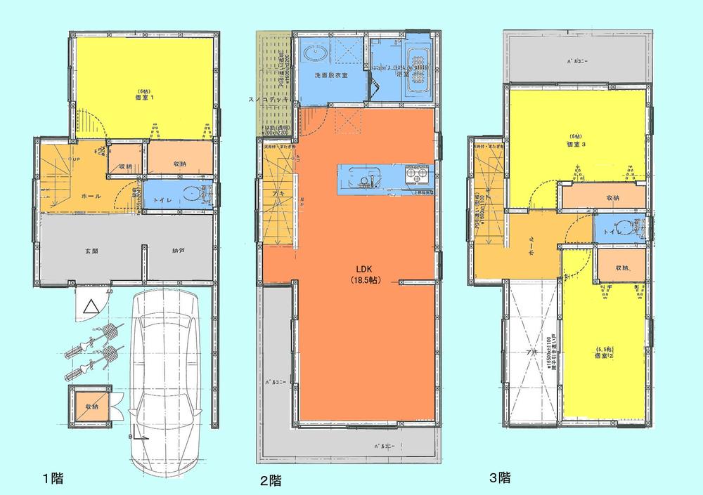 Floor plan. (3 Building), Price 49,800,000 yen, 3LDK, Land area 65.85 sq m , Building area 120.07 sq m