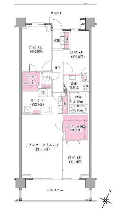 B type ・ 3LDK + FD + WIC occupied area / 80.64 sq m  Balcony area / 12.20 sq m FD = family DEN WIC = walk-in closet