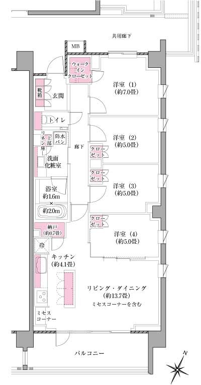 F type ・ 4LDK + N + WIC occupied area / 90.23 sq m  Balcony area / 12.60 sq m N = storeroom
