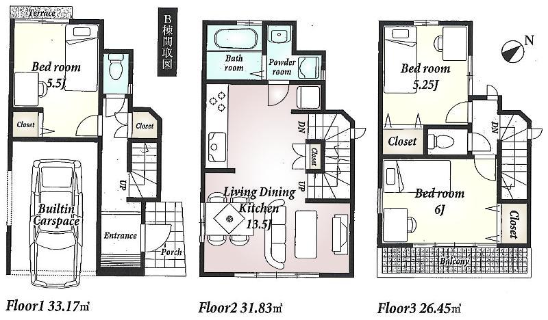 Floor plan. (B Building), Price 28,900,000 yen, 3LDK, Land area 53.33 sq m , Building area 91.45 sq m