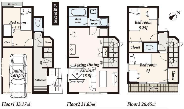 Floor plan. (B Building), Price 28,900,000 yen, 3LDK, Land area 53.33 sq m , Building area 91.45 sq m