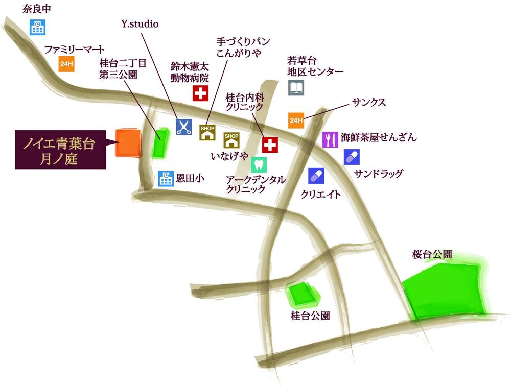 Local guide map. Neue Aobadai Tsukinoniwa Surrounding environment map