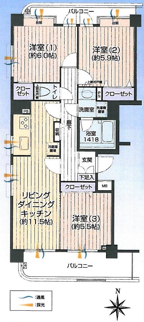Floor plan. 3LDK, Price 33,800,000 yen, Footprint 66.3 sq m , Balcony area 15.38 sq m