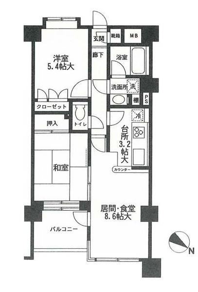 Floor plan. 2LDK, Price 22,800,000 yen, Occupied area 53.78 sq m , Balcony area 5.22 sq m
